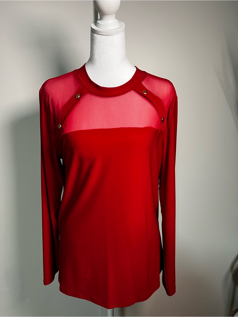 Red Long-Sleeve Sheer Yoke Tee with Decorative Buttons